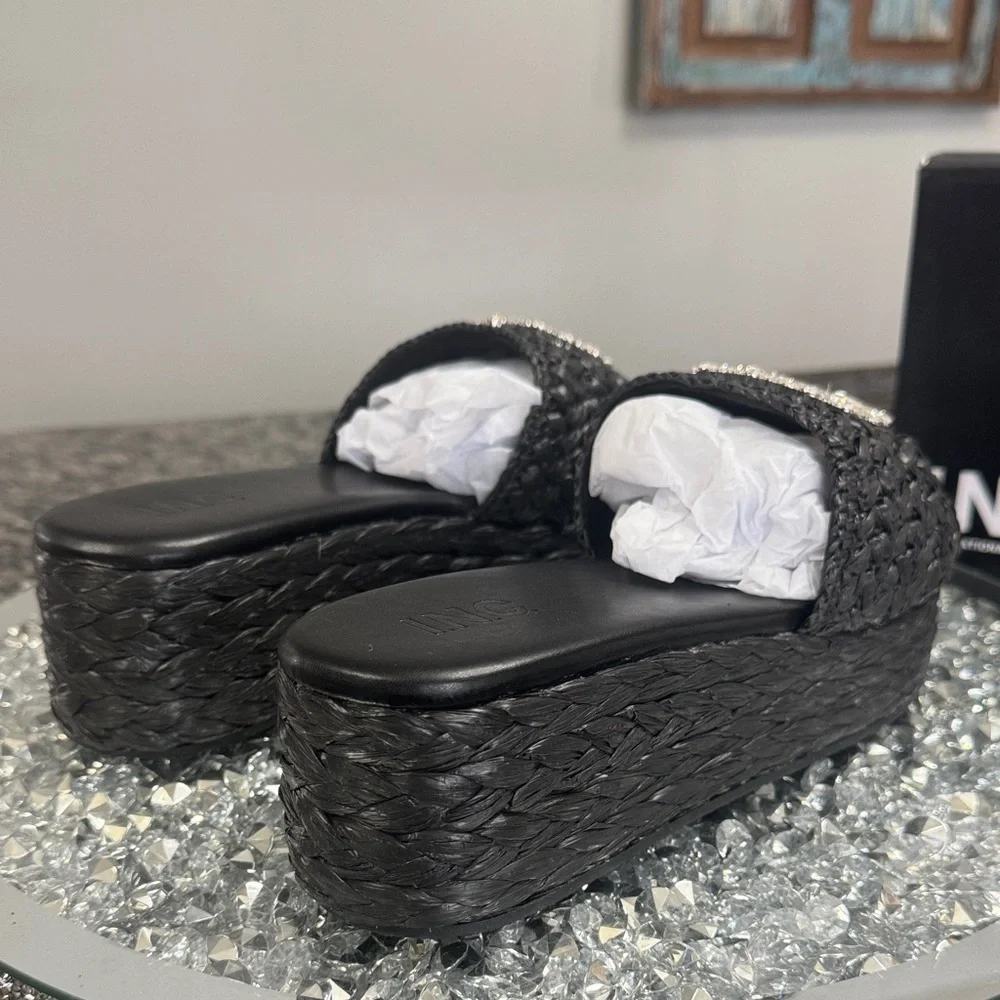 INC International Concepts Black Silver Raffia Woven Platform Sandals NEW 9.5